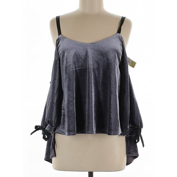 NWT Romeo & Juliet Couture Gray Purple Velvet Cold Shoulder Open Back Tie Top - Picture 3 of 7